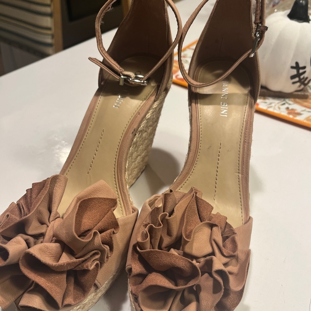 Gianni Bini Brown Tone Espadrille Wedges with Ruffle Detail